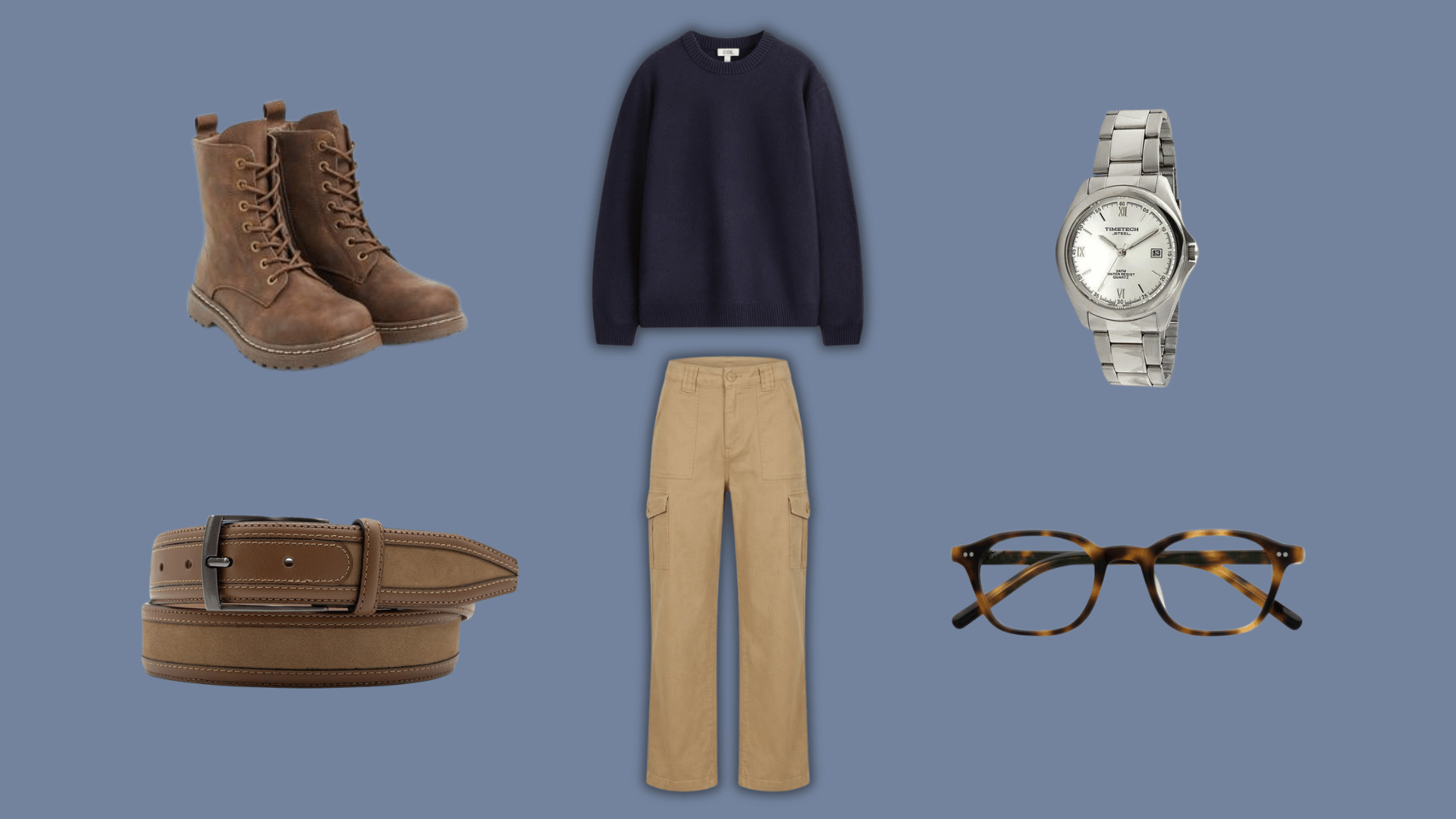 navy sweater with khaki cargo pants brown boots belt watch and glasses for a cool weather outfit