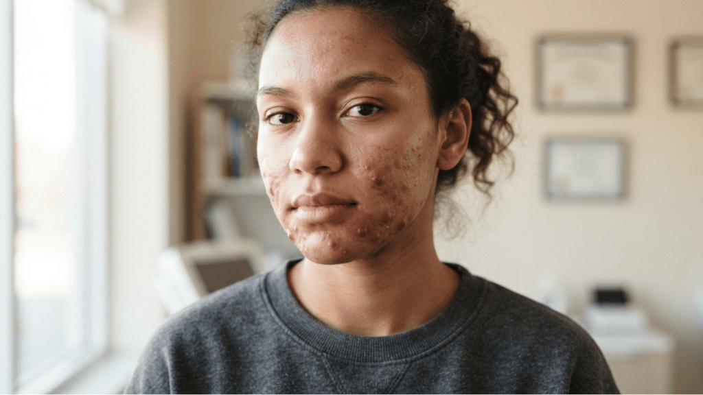woman with deep, inflamed nodular acne on the cheeks and jawline