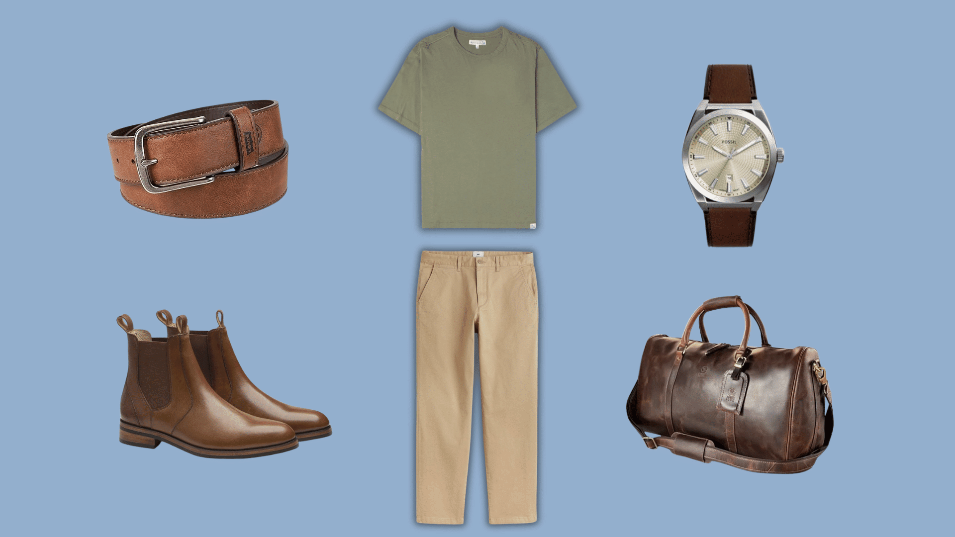 olive tee with khaki pants brown boots belt watch and duffel bag for a rugged outdoor outfit