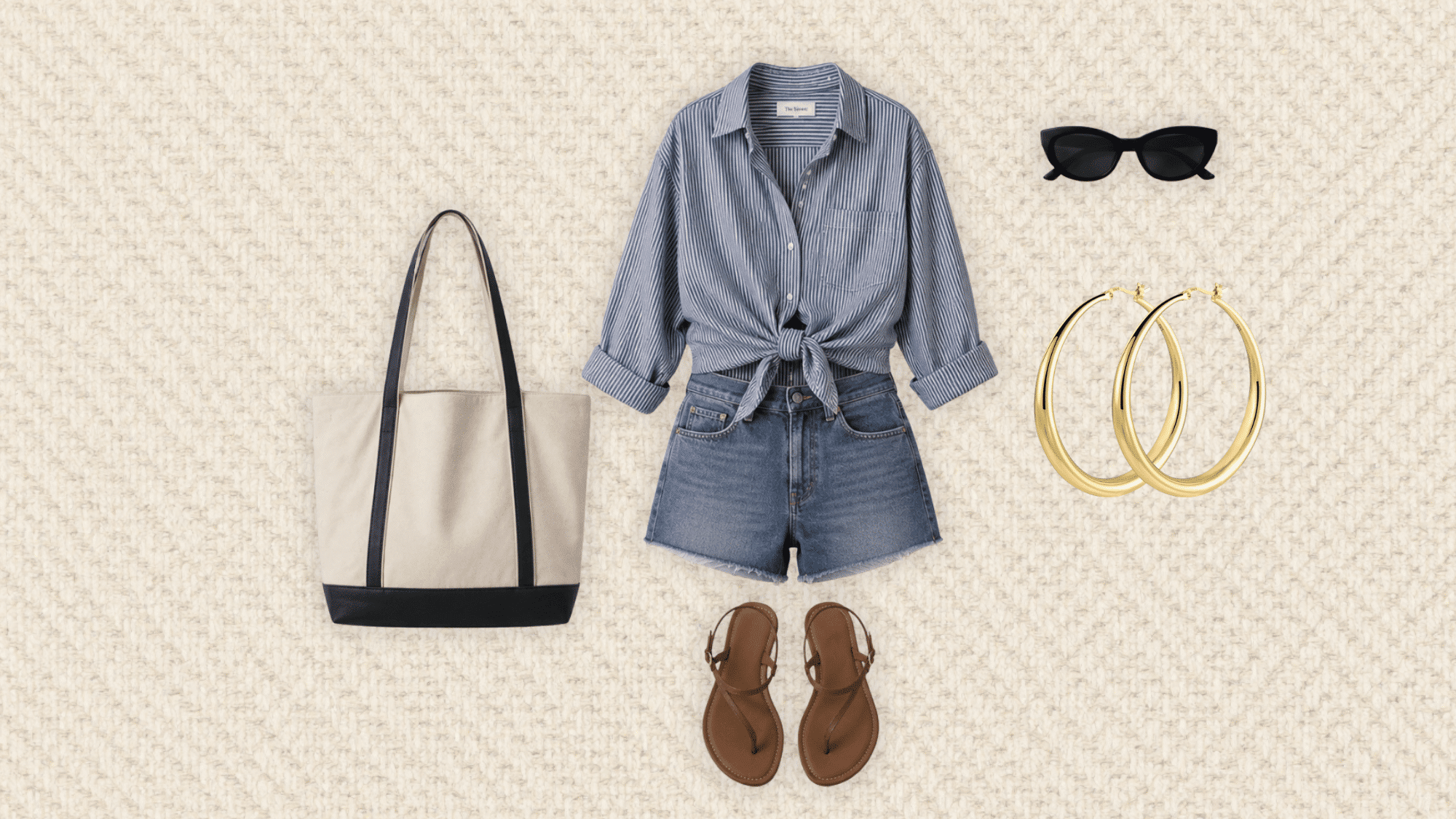blue striped oversized shirt tied over denim shorts with brown sandals tote bag gold hoops and black sunglasses for summer style