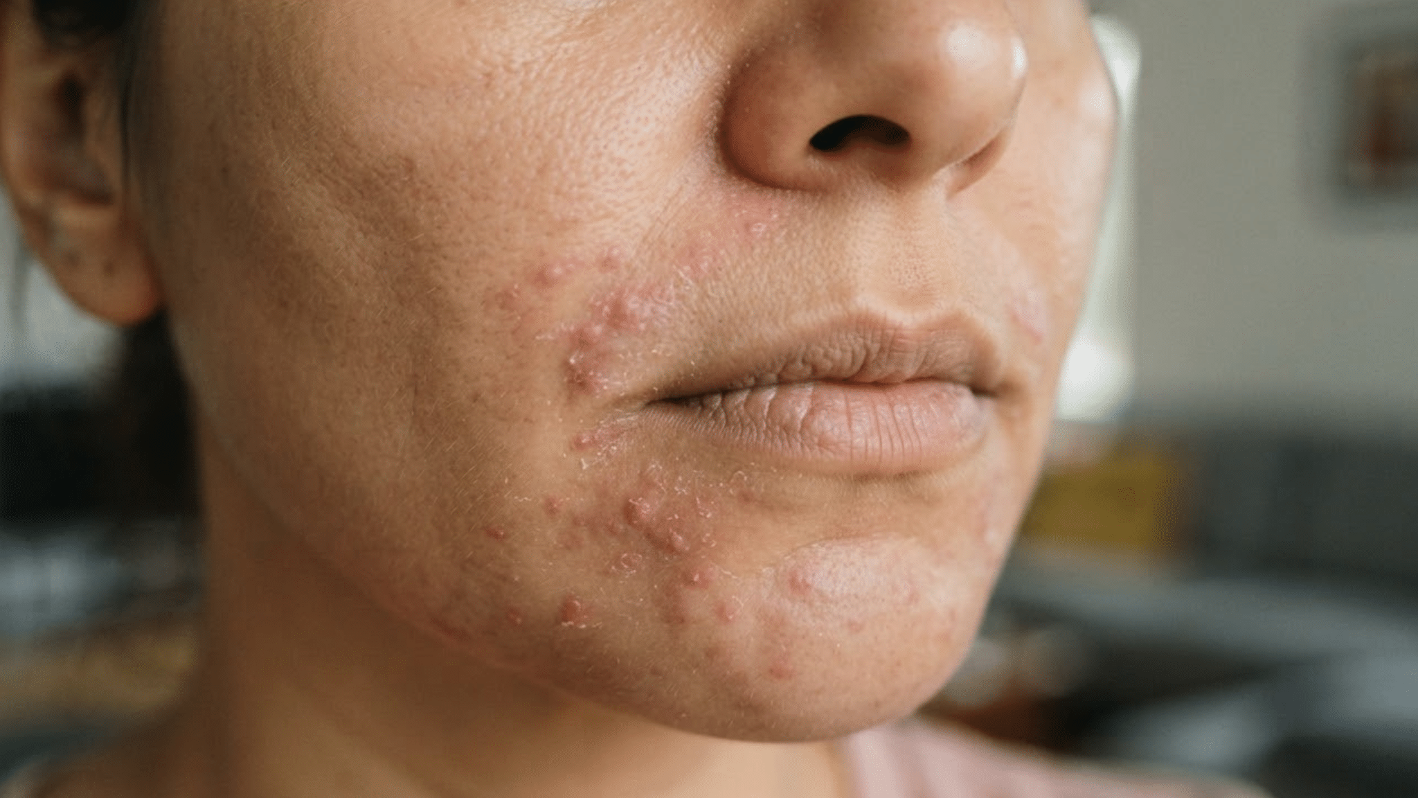 close-up of perioral dermatitis with red bumps and dry irritated skin around the mouth and chin