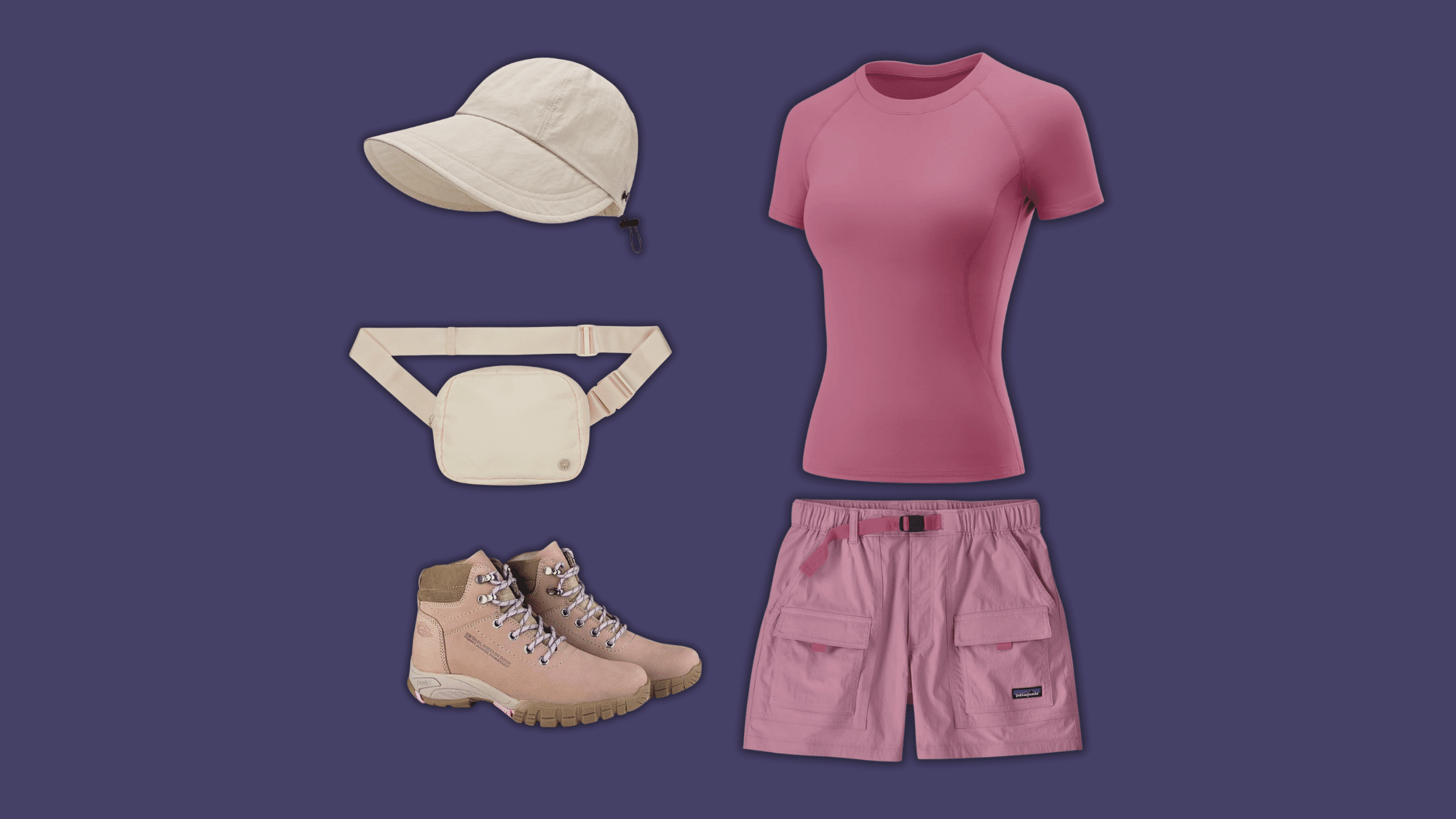 pink hiking shirt and shorts with hat and boots