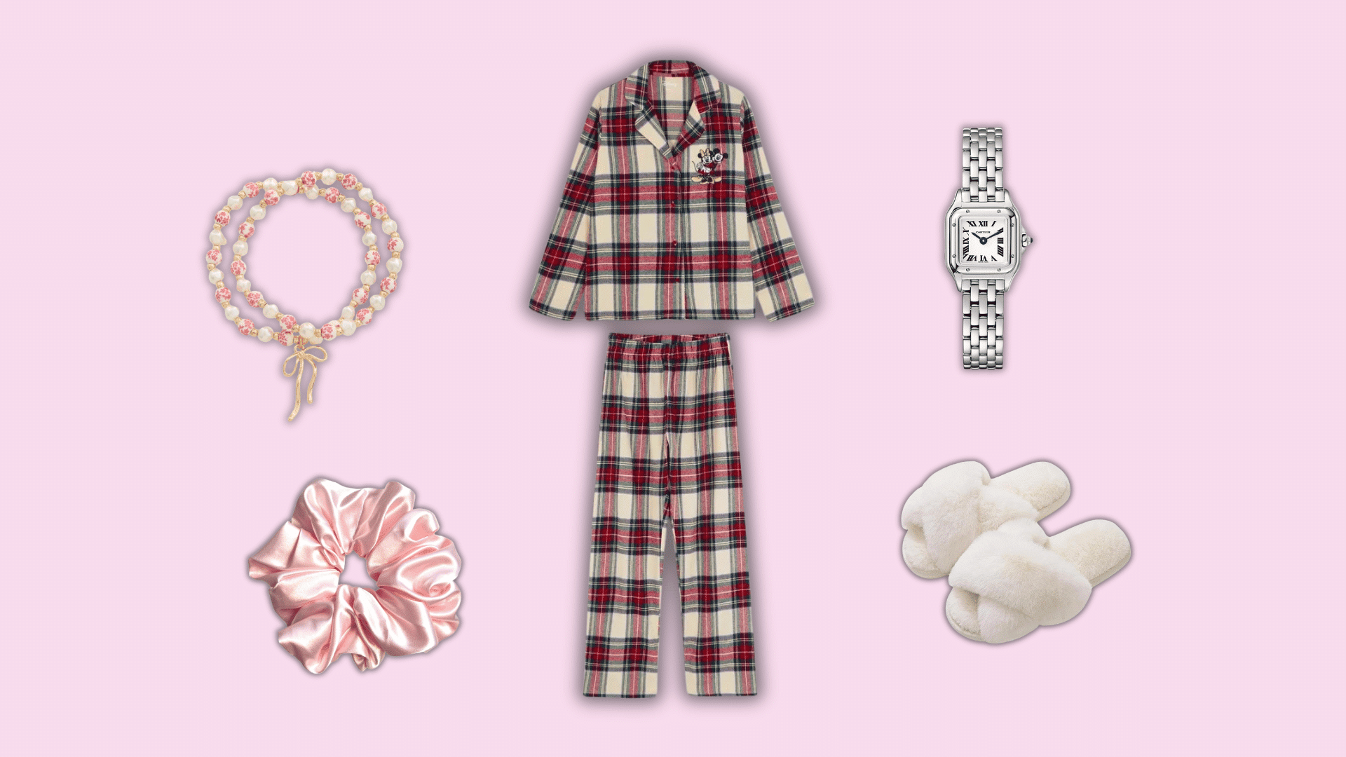 plaid pajama set with pearl bracelet, scrunchie and cozy slippers
