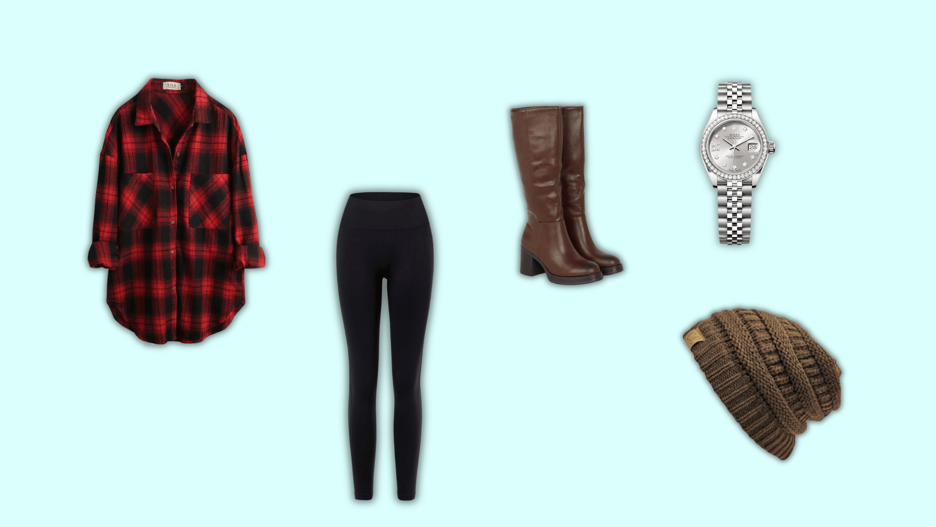 red plaid shirt with black leggings boots and cozy winter accessories