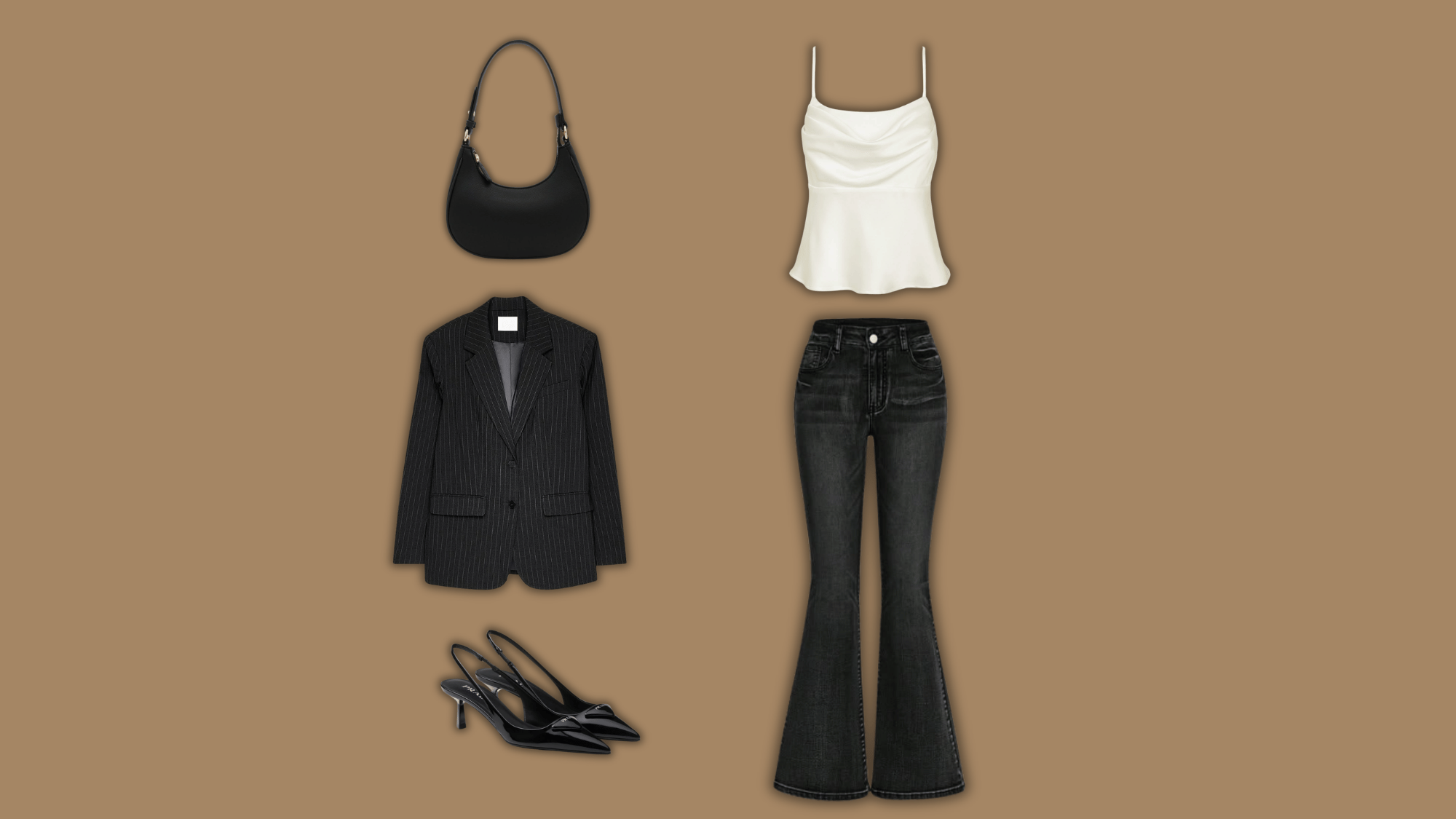 black flare jeans with blazer heels bag