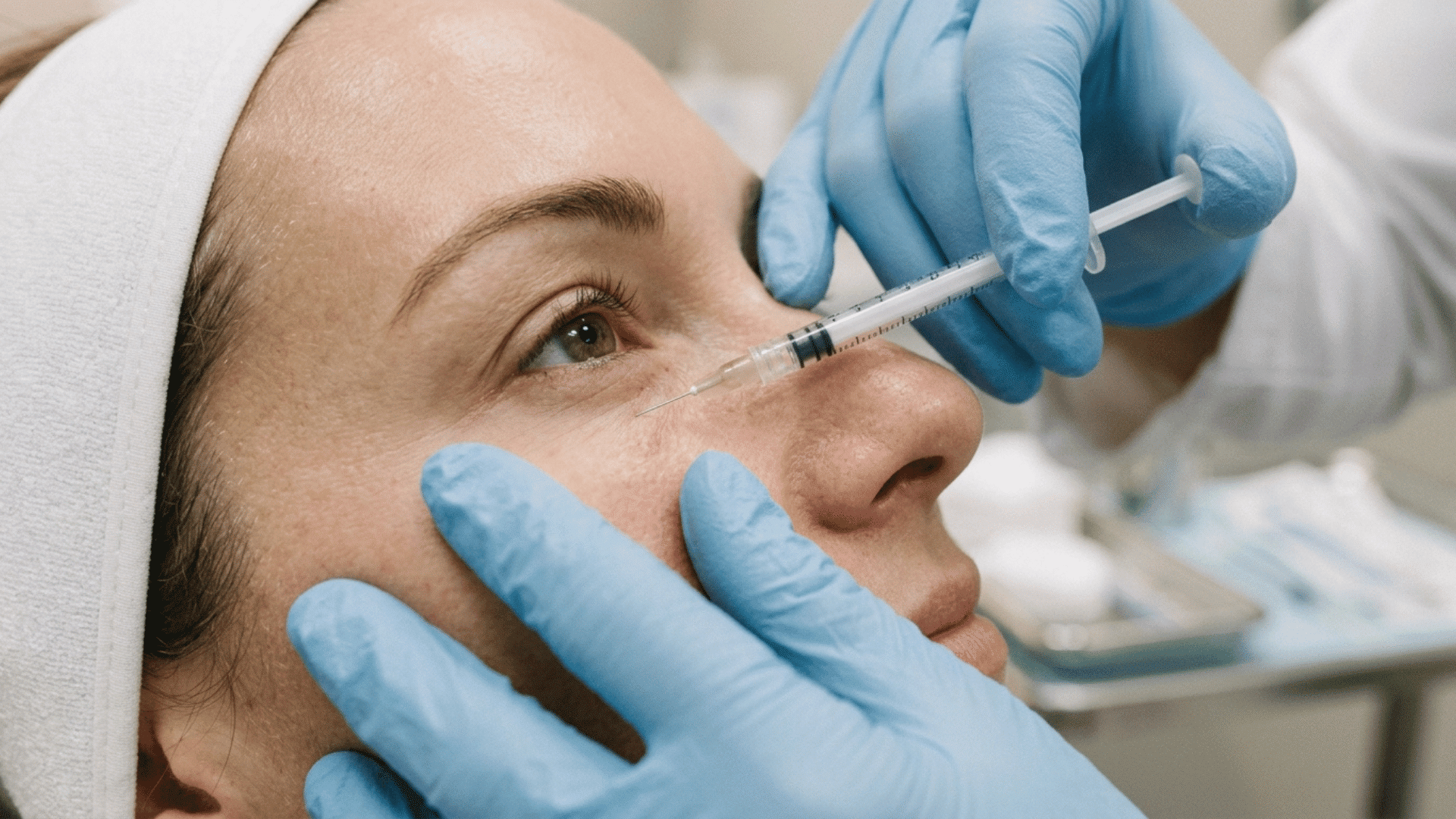 dermatologist performing a professional under-eye wrinkle treatment in a clinic