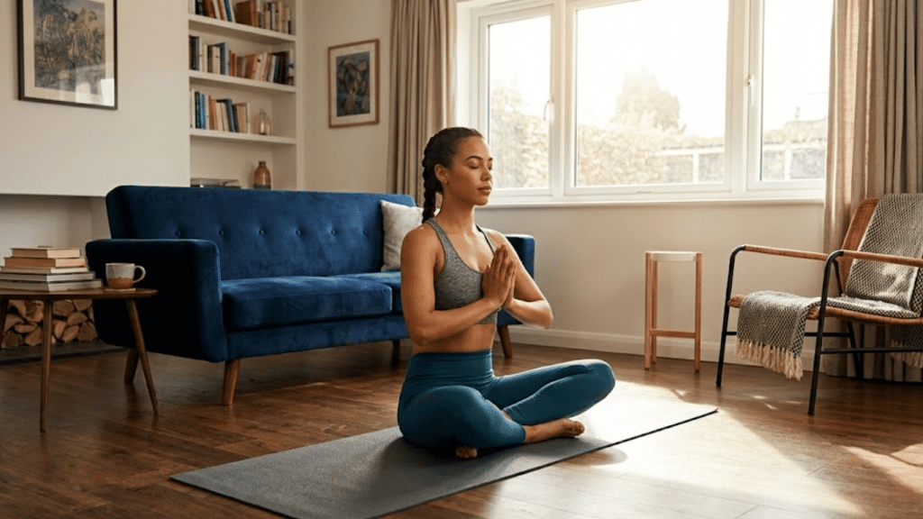 woman practicing meditation on a yoga mat in a bright living room, supporting physical and mental well-being