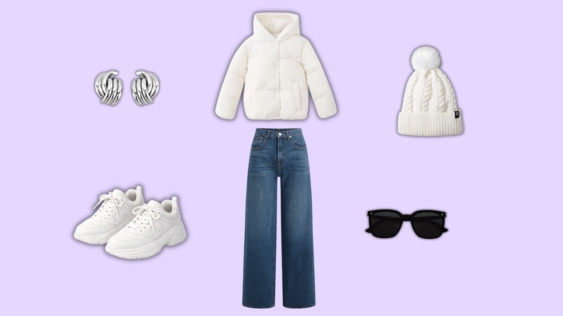 casual winter outfit with puffer jacket jeans sneakers and beanie