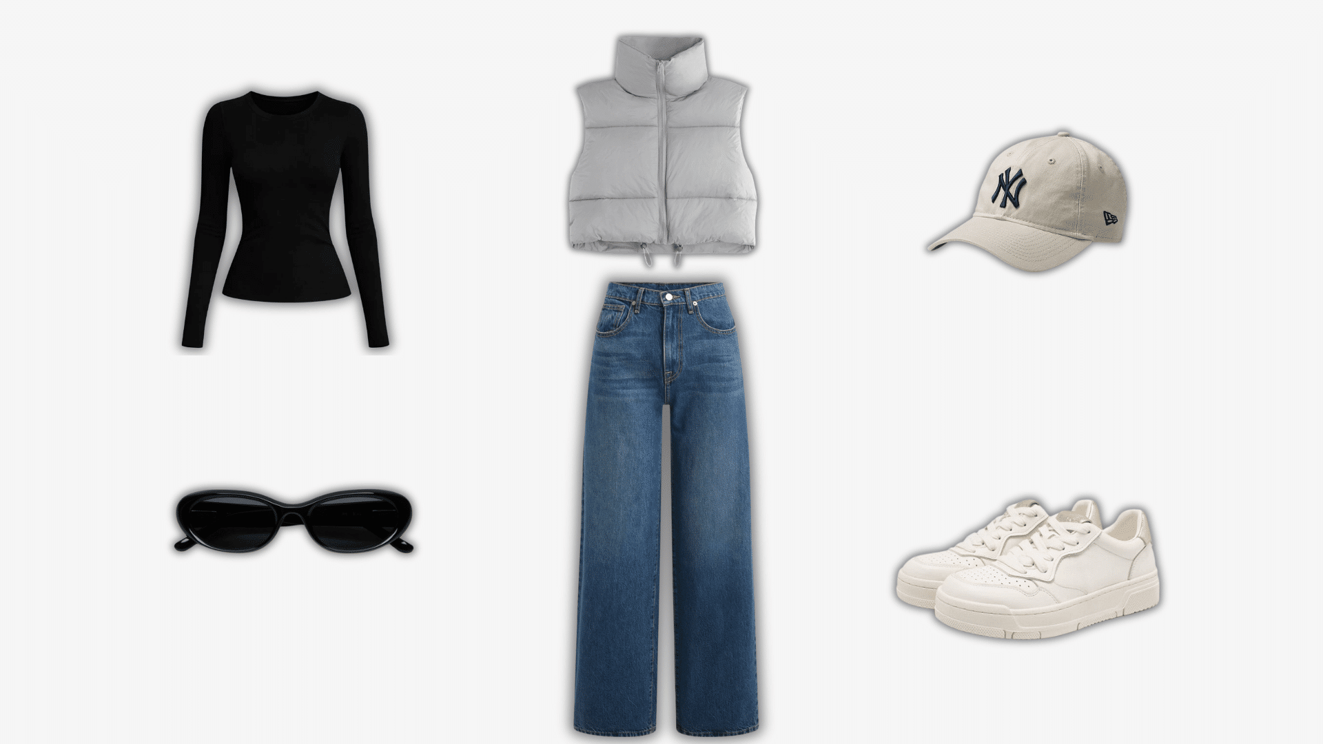 black top with puffer vest jeans sneakers and casual winter accessories