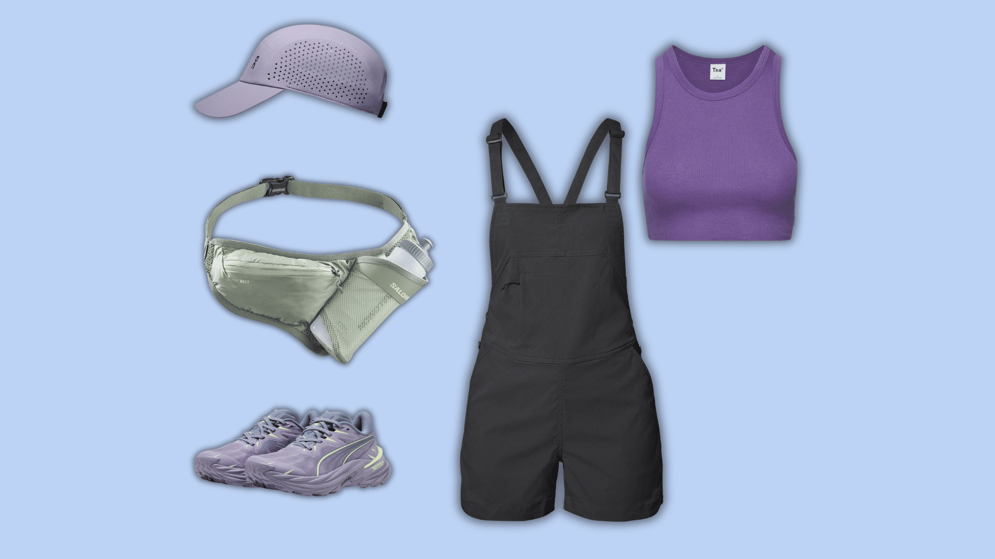 purple crop tank and black overall shorts with accessories