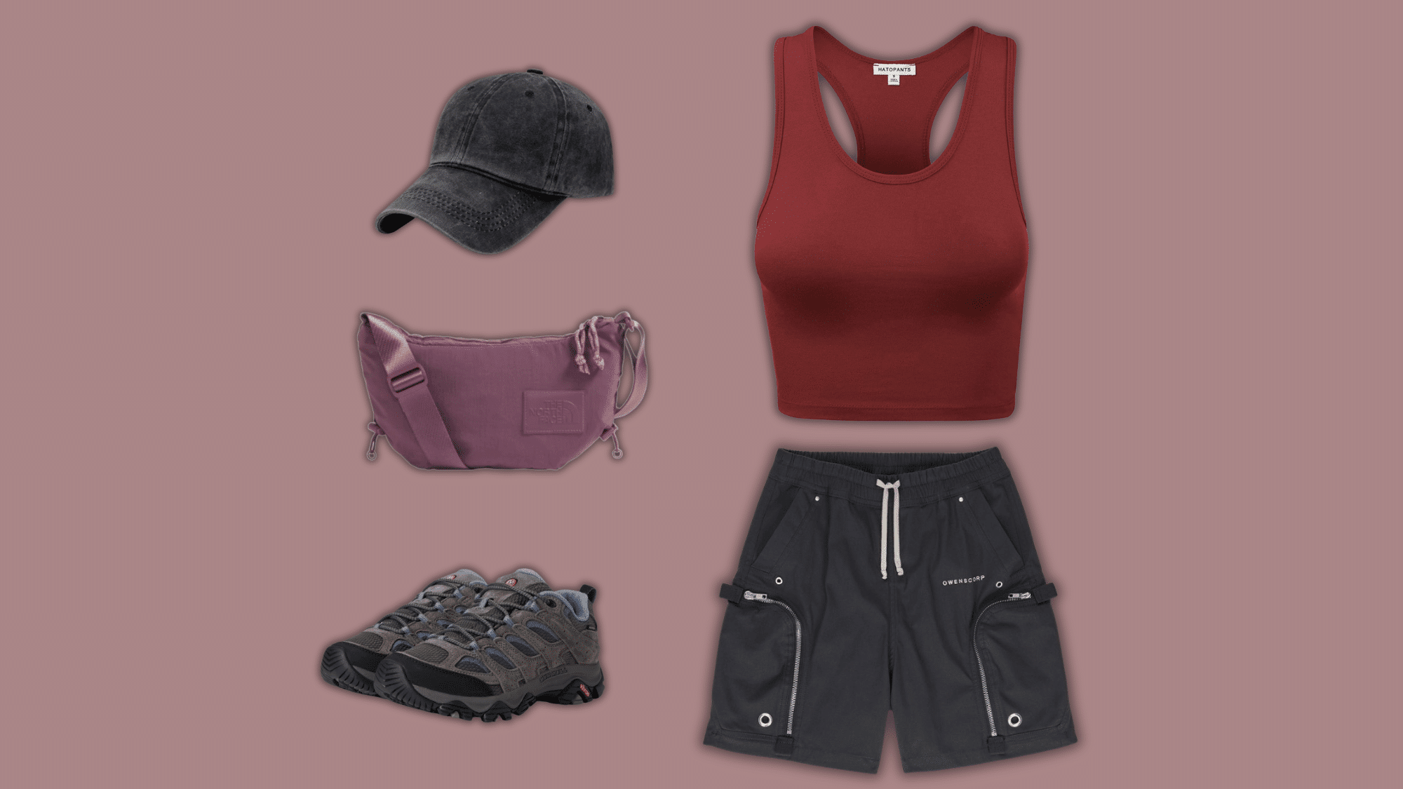 red crop tank and loose grommet shorts with accessories