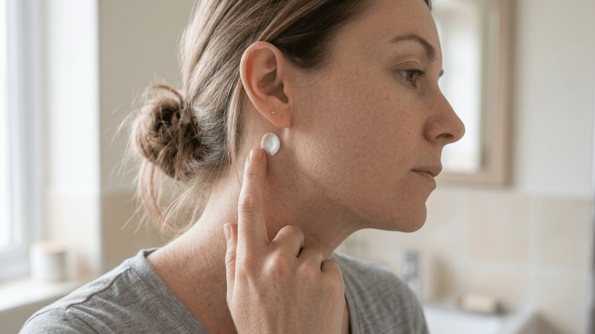 woman applying a small amount of retinol behind her ear for a skin patch test
