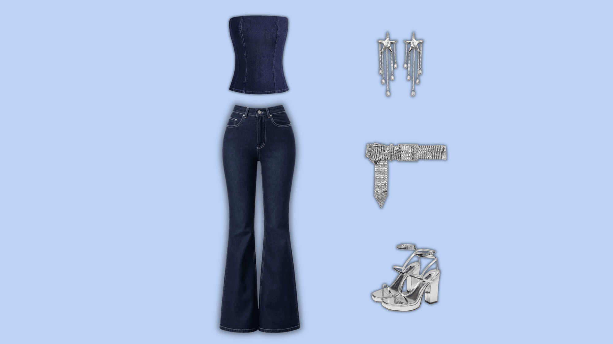 dark flare jeans with tube top sparkle belt