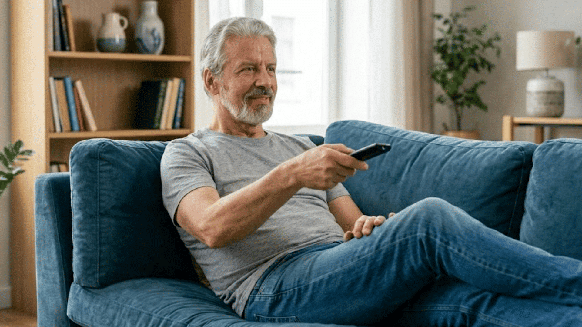 older man relaxing on a sofa while using a remote control in a comfortable living room