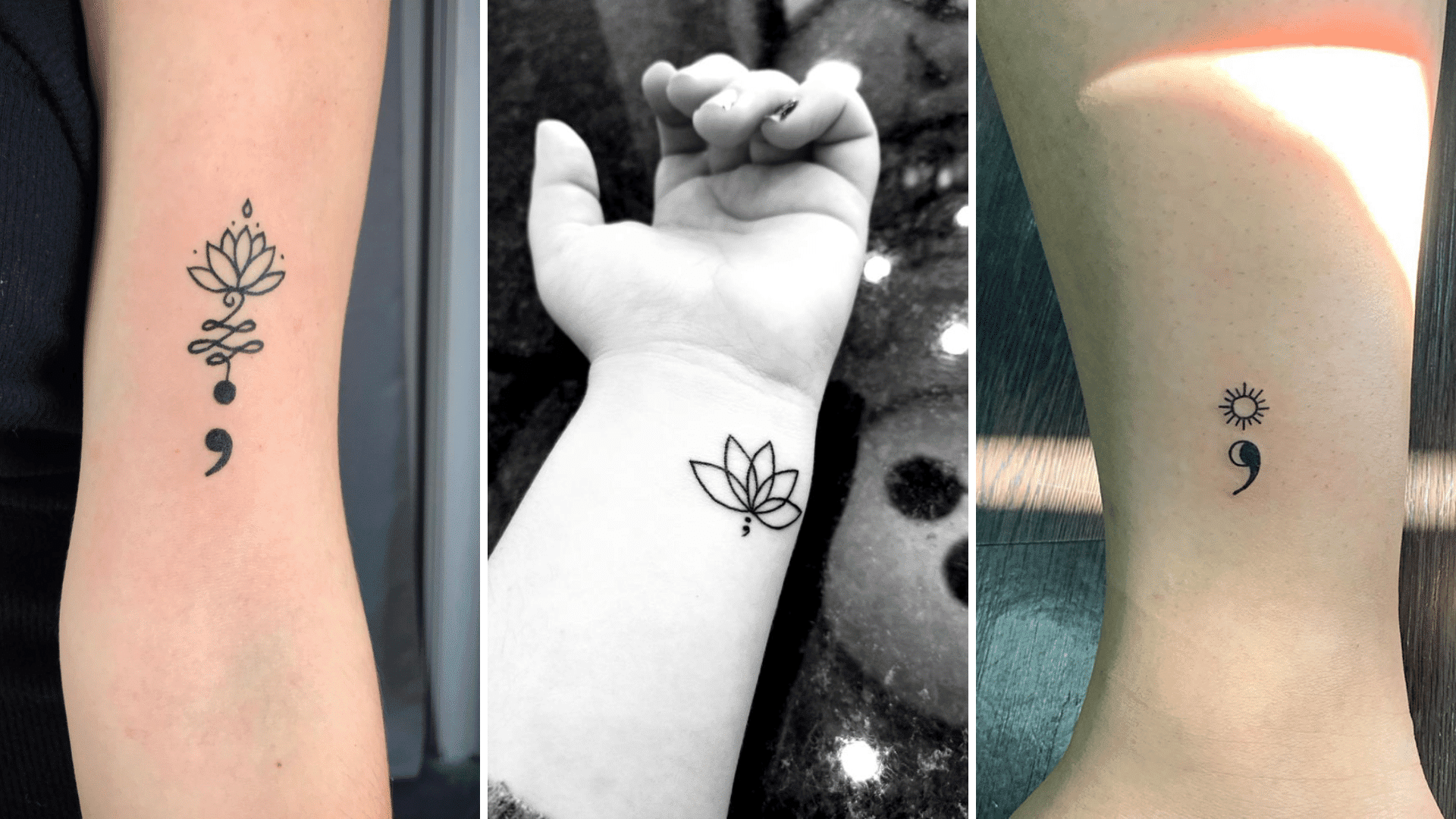 three semicolon tattoos: one below a lotus flower on a forearm, one below a lotus on a wrist, and one below a small sun on an ankle.