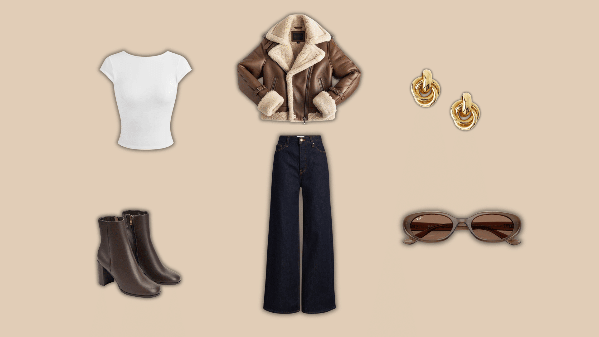 shearling jacket with white top dark jeans ankle boots and gold earrings outfit