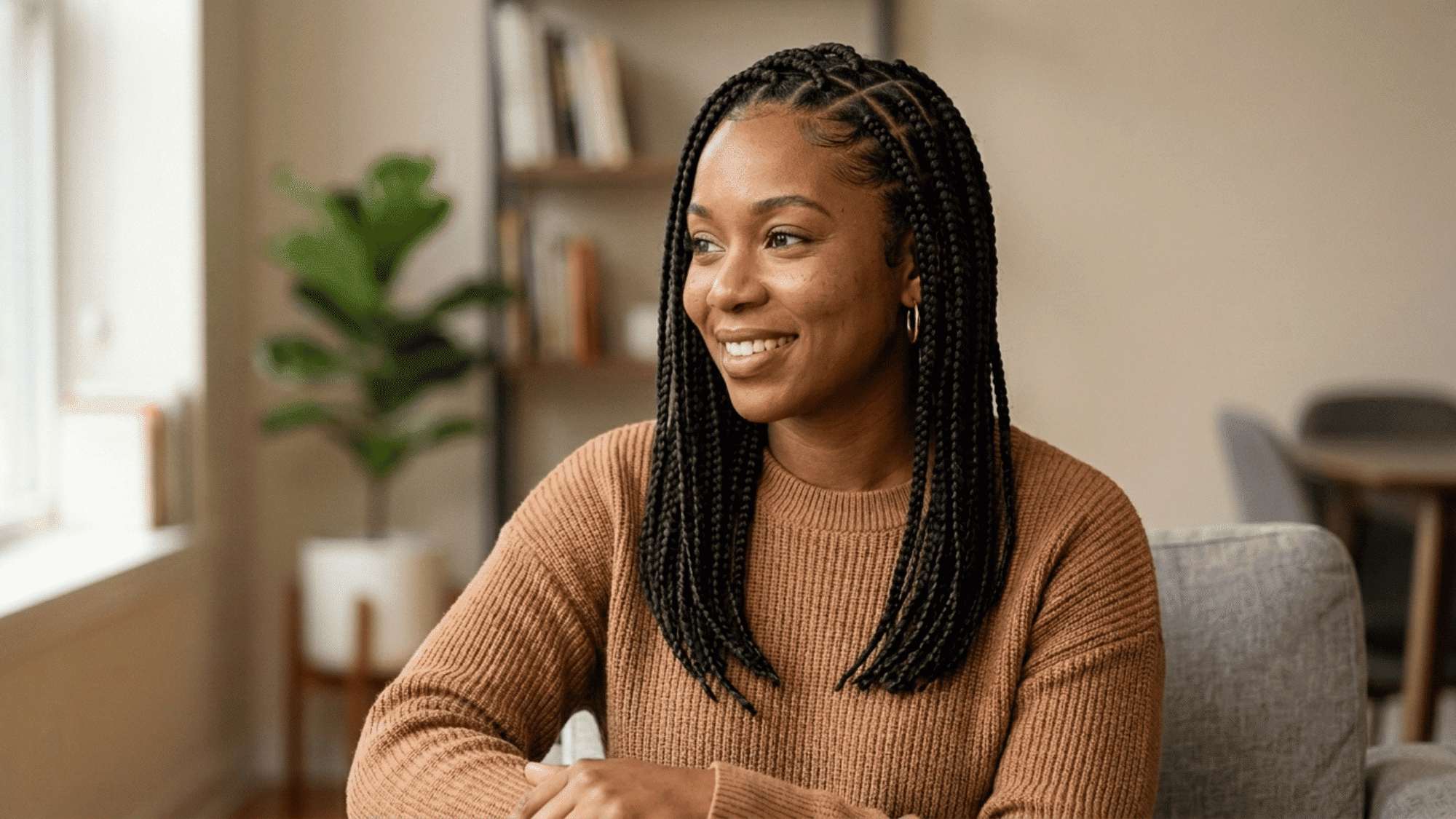 woman wearing neat shoulder length box braids indoors