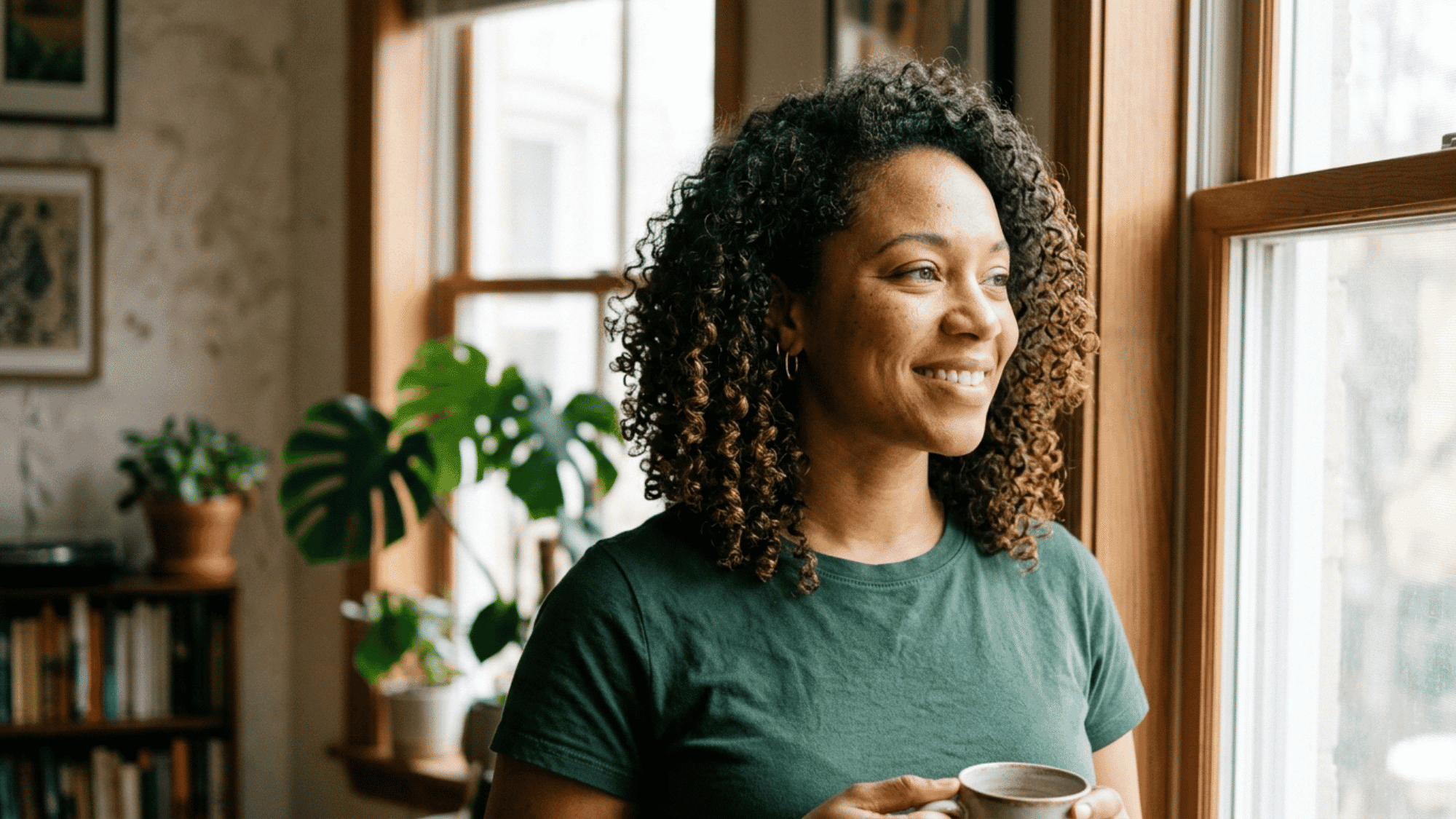 woman holding cup with shoulder length defined curls