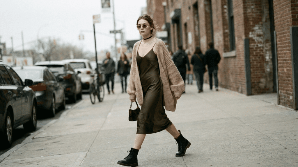 woman in a slip dress and oversized cardigan a 90s outfit combo from the blog
