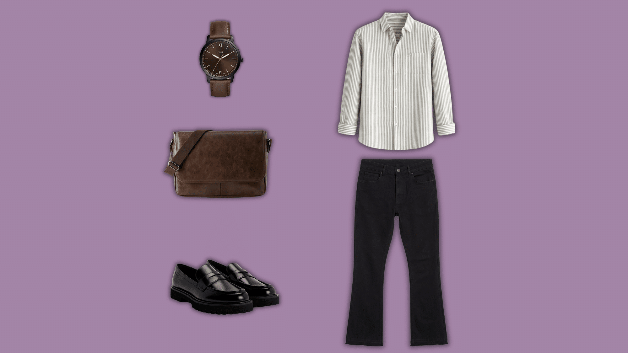 black flare jeans with shirt loafers watch