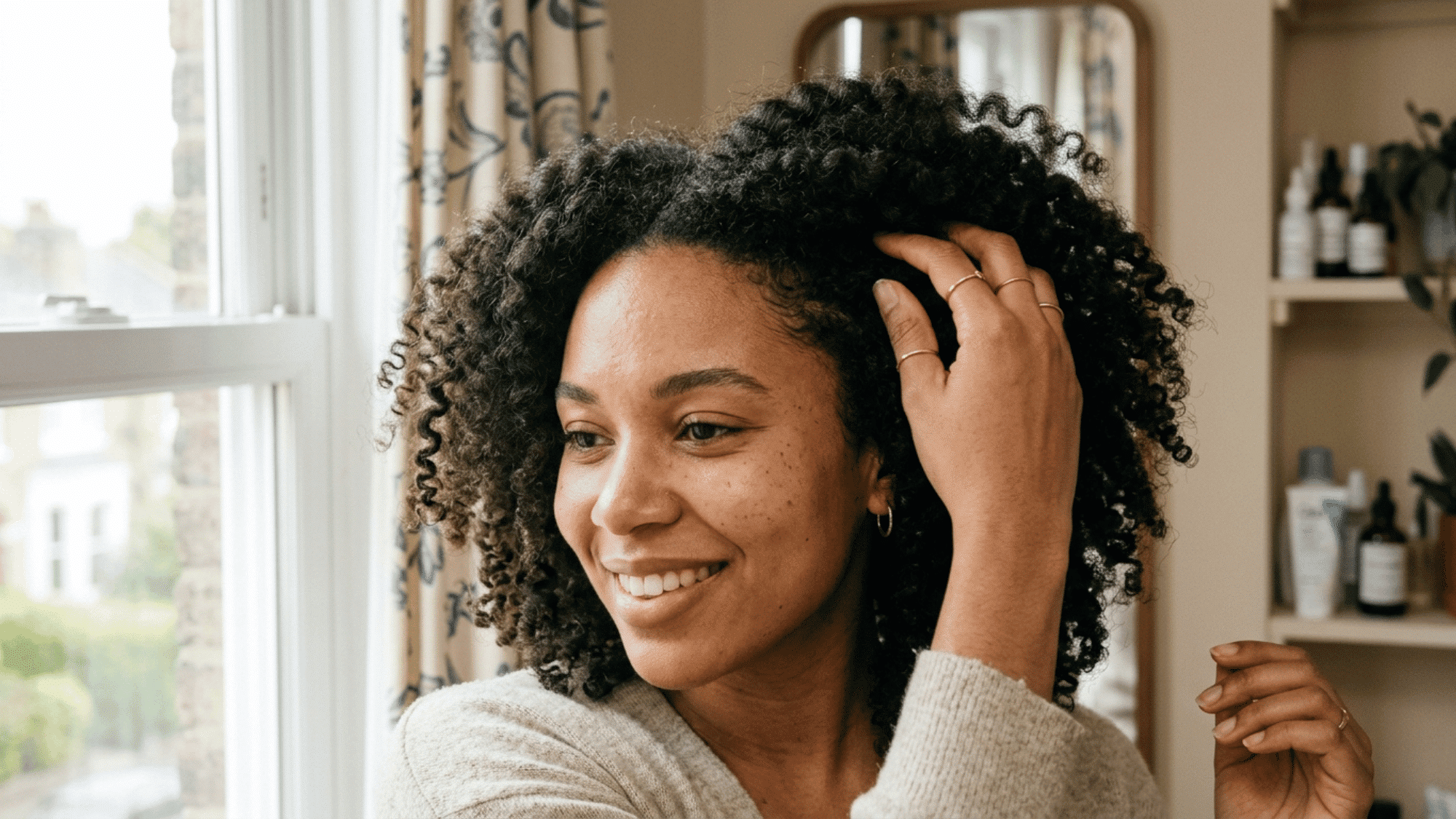 woman touching soft twist out with fluffy volume