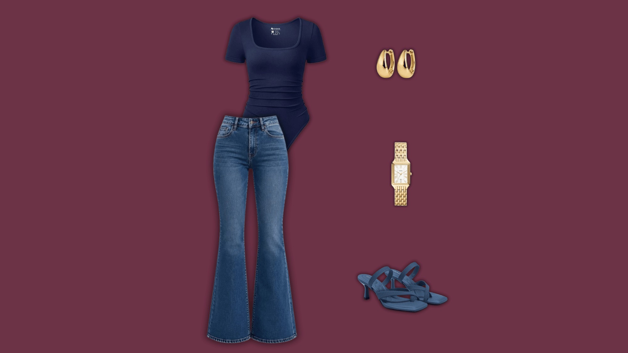 blue flare jeans with fitted bodysuit sandals