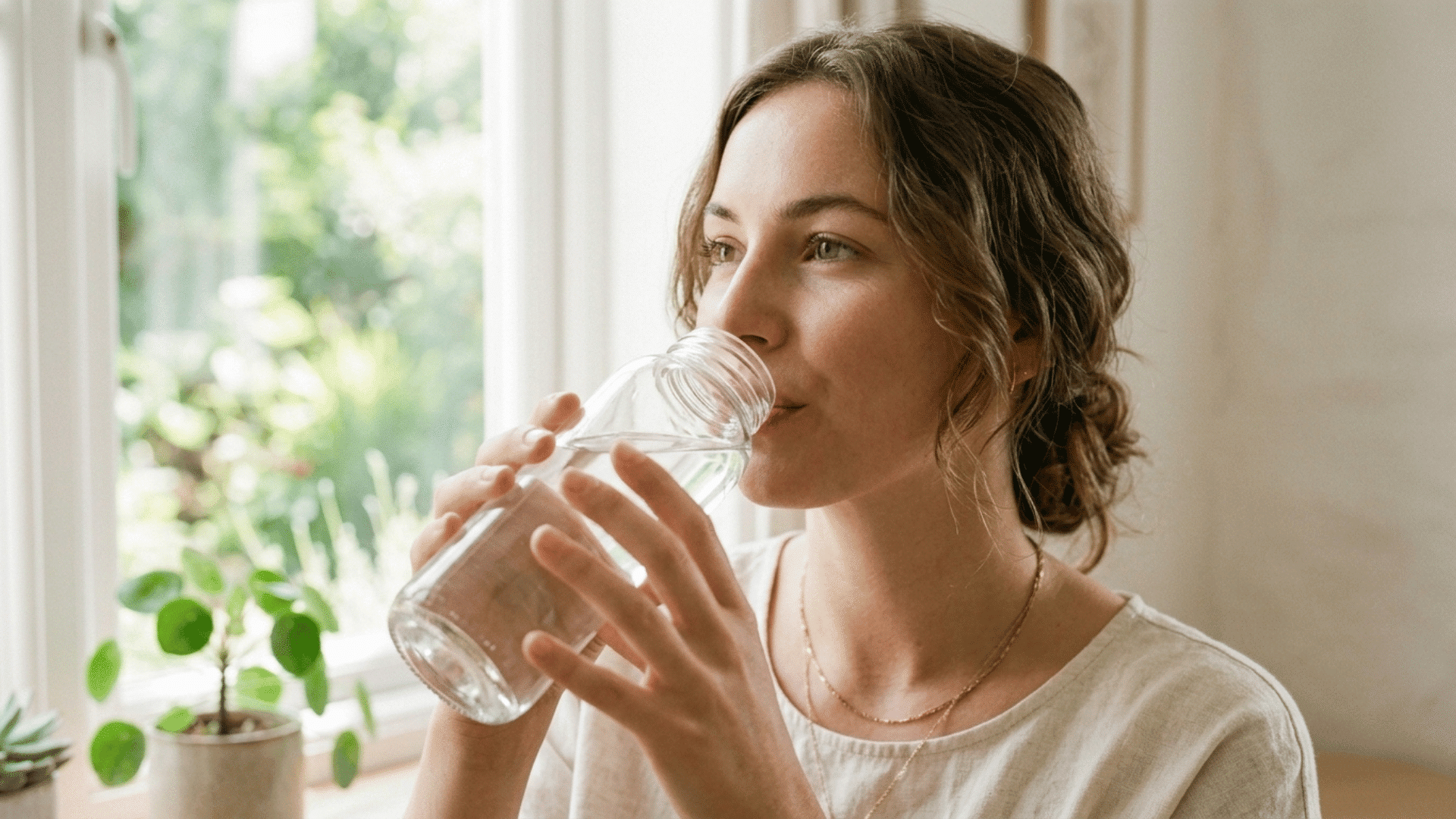 close-up shot of a woman drinking water from water bottle to stay hydrate all day long.