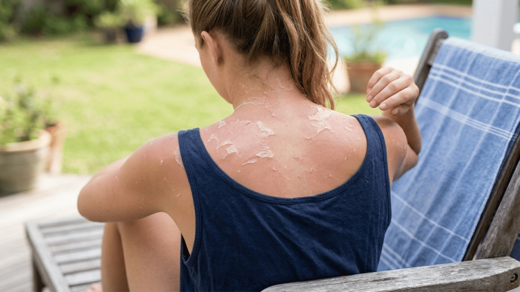 close up of peeling sunburn on a person's baack showing flaking skin