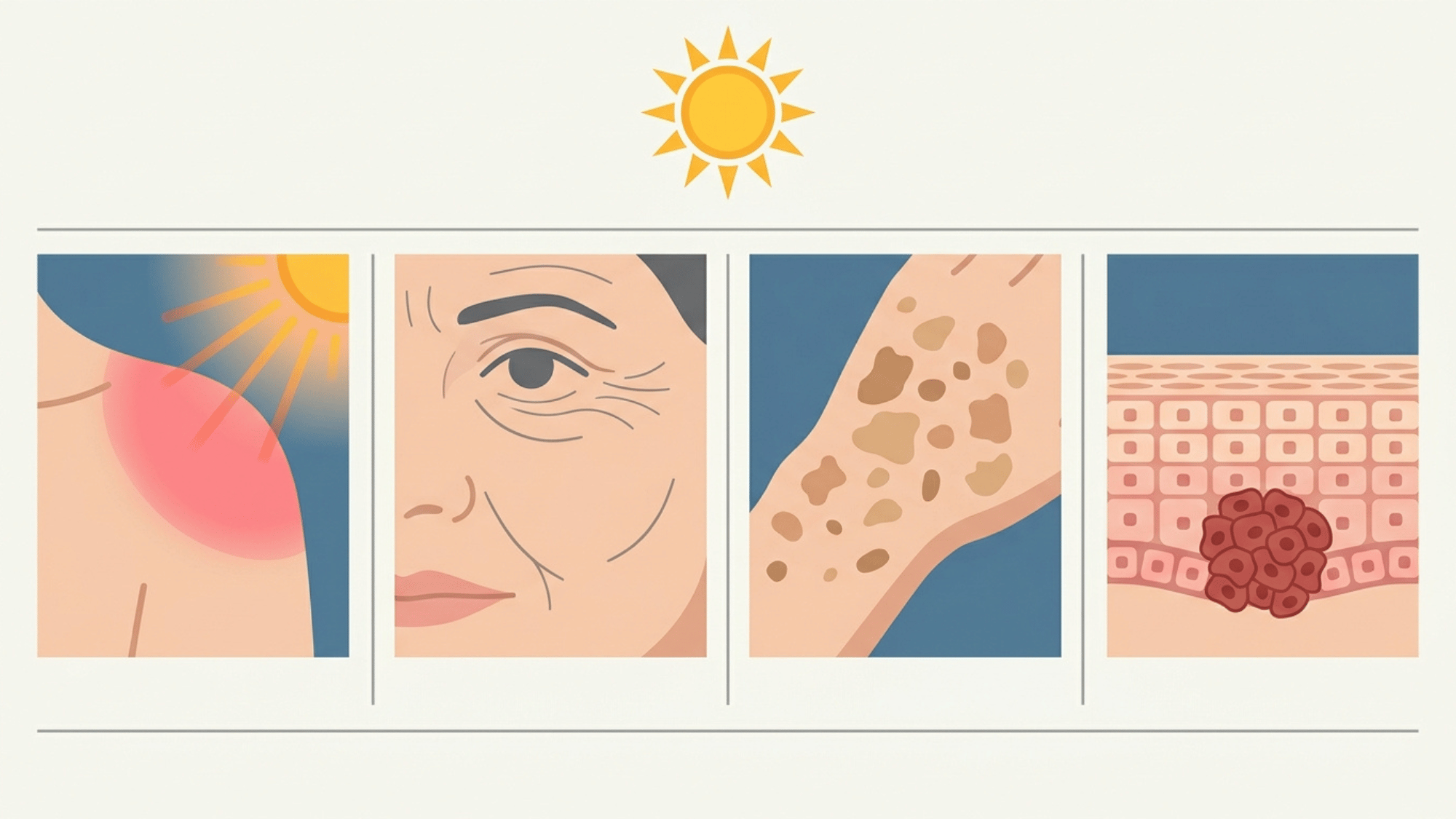 sun damage infographic showing sunburn wrinkles pigmentation dark spots collagen loss and skin cancer risks