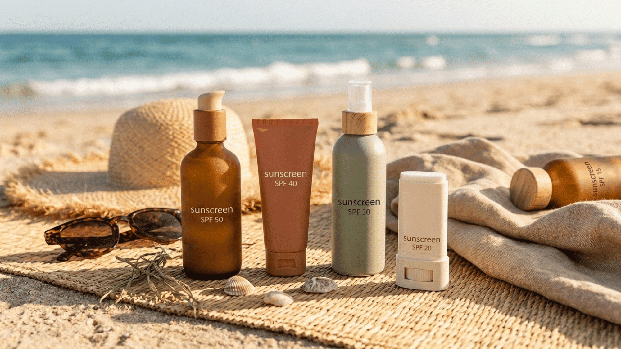 different sunscreen products with varying spf levels displayed on a beach beside sunglasses and a sun hat