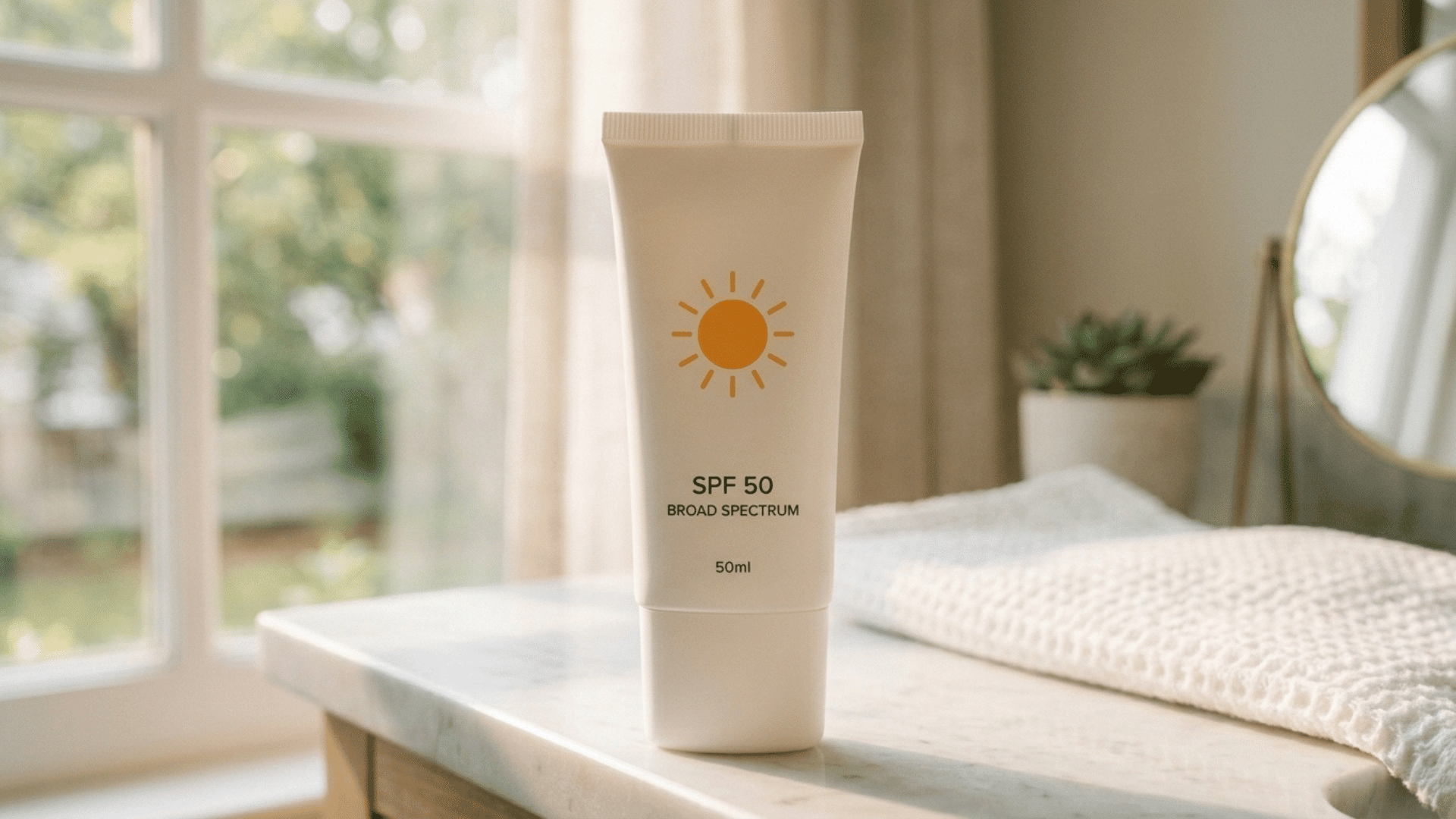 sunscreen and retinol eye cream placed on a bright bathroom counter in morning light