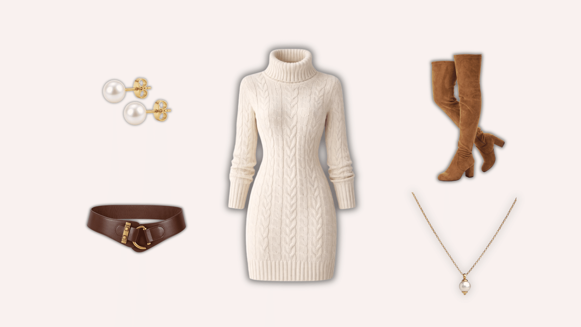 cream sweater dress styled with brown belt boots and pearl accessories