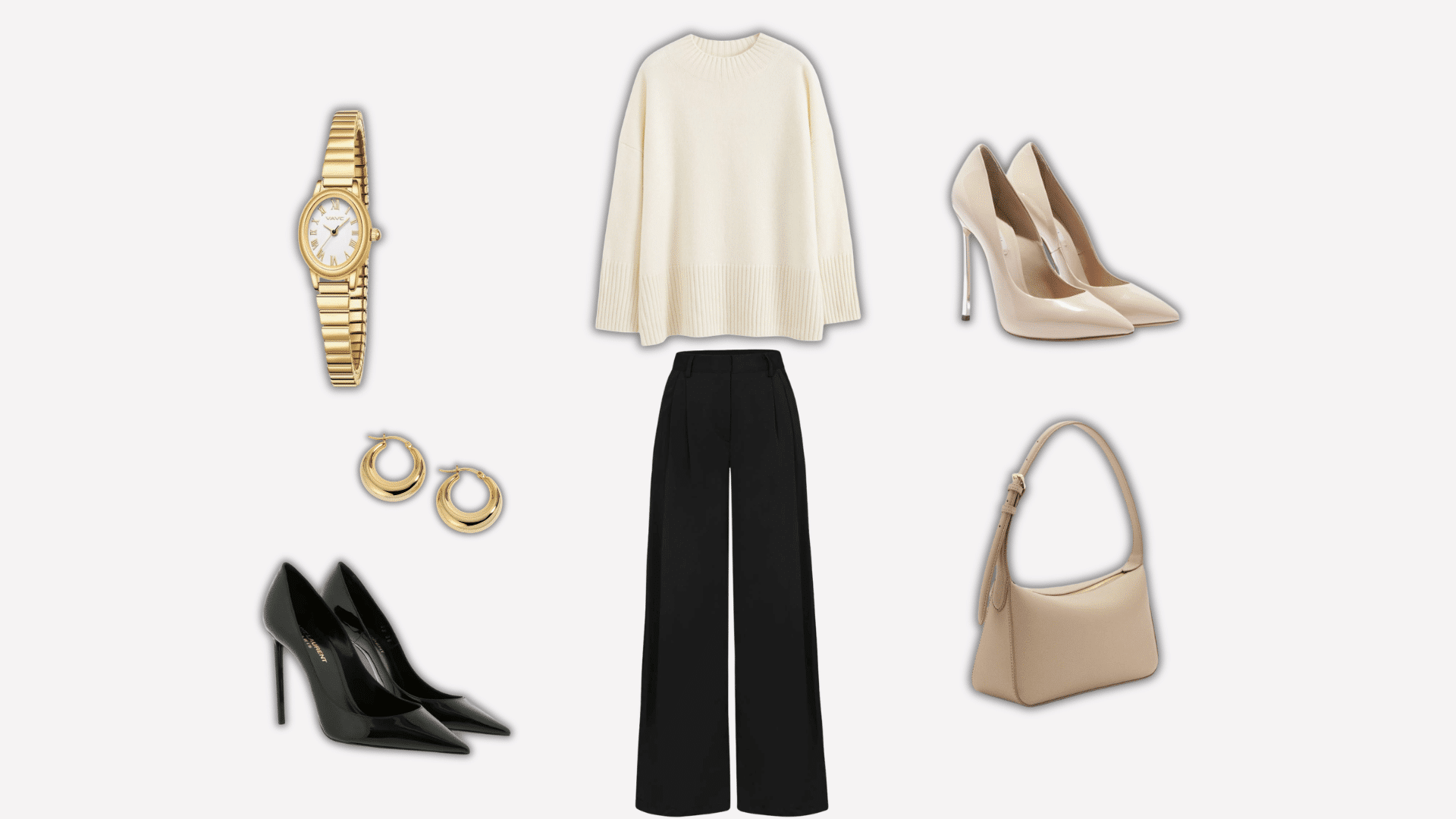 white sweater vest with black pants loafers and golden accessories