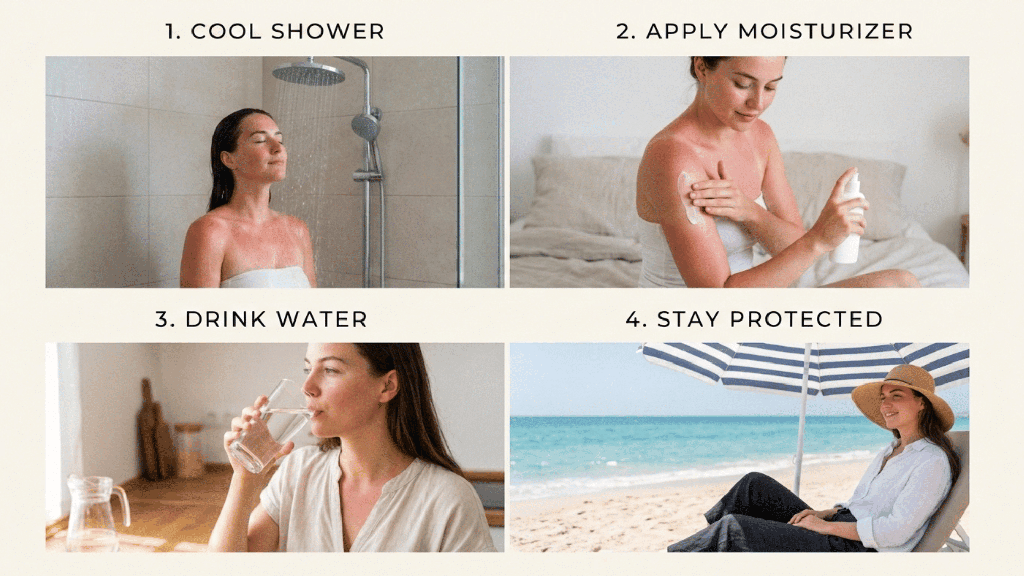 four step collage showing cool shower, moisturizer, hydration, and sun protection for caring for peeling sunburn skin