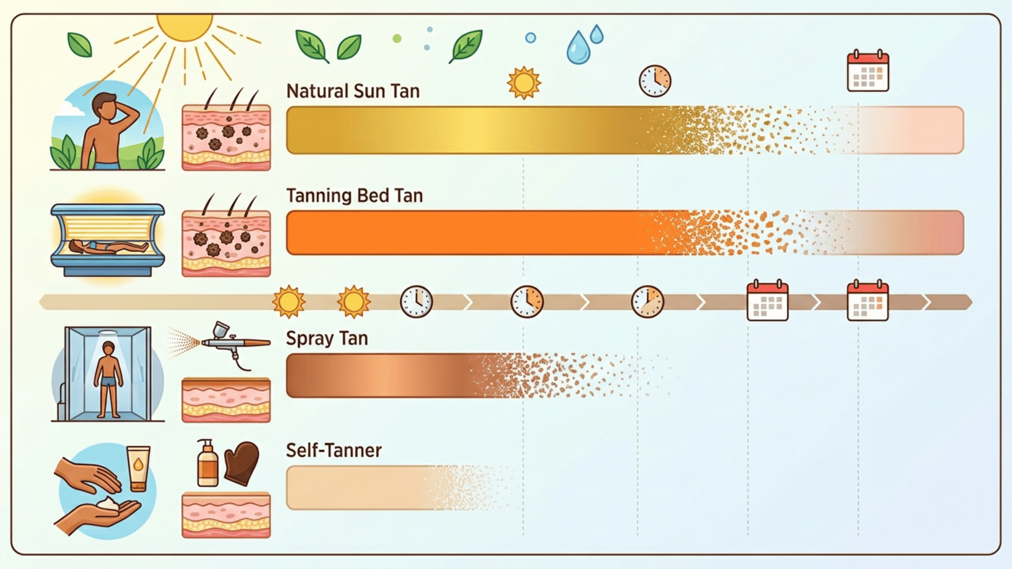 comparison chart showing how long natural tanning bed spray tan and self tanner results typically last