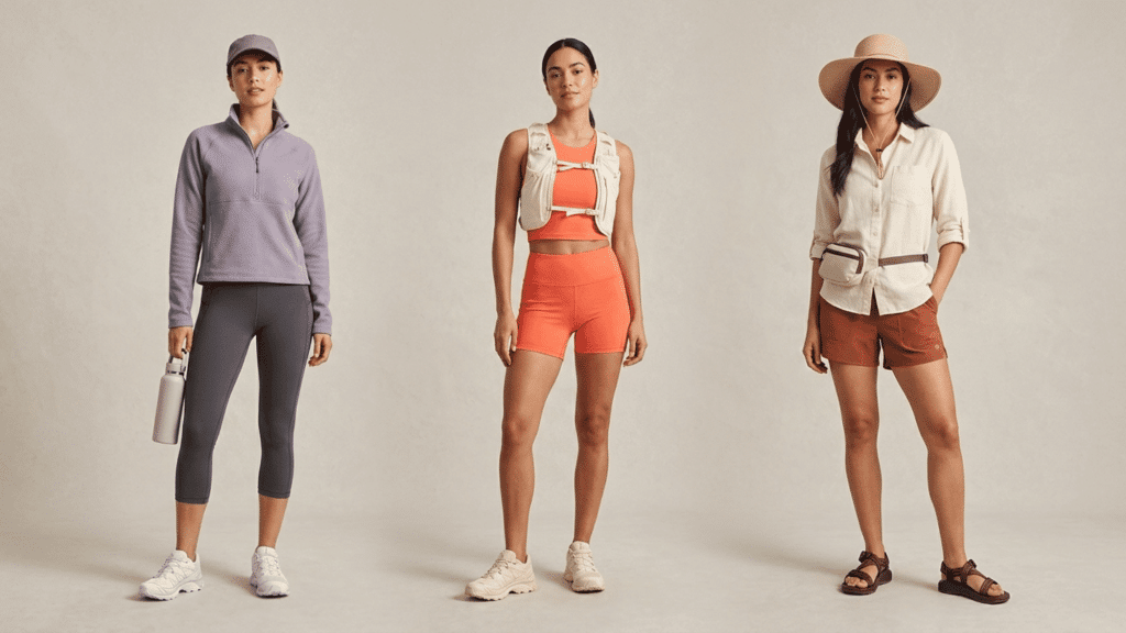 three women wearing different hiking outfits