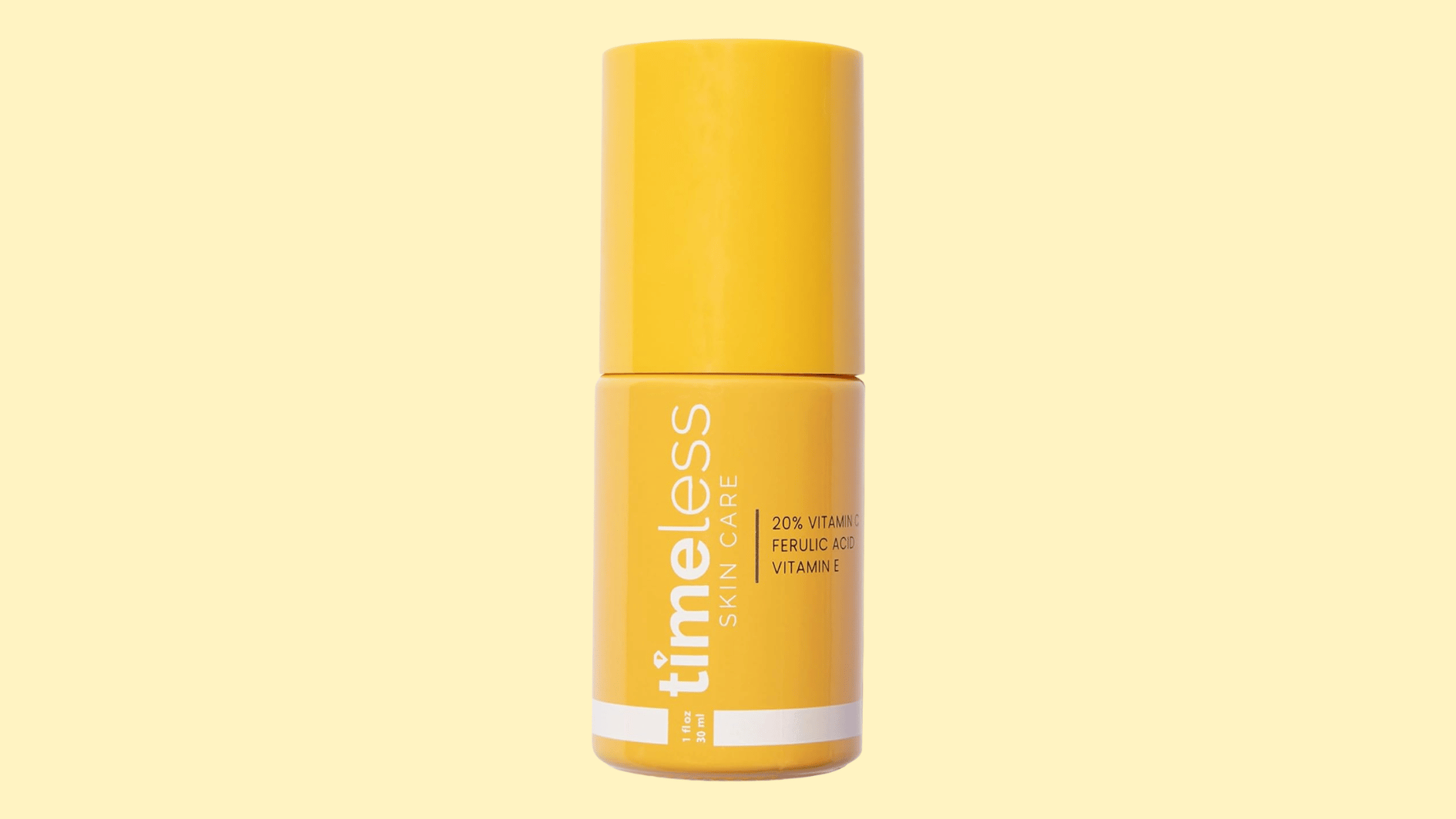 timeless skin care vitamin c serum bottle with ferulic acid and vitamin e on a pale yellow background
