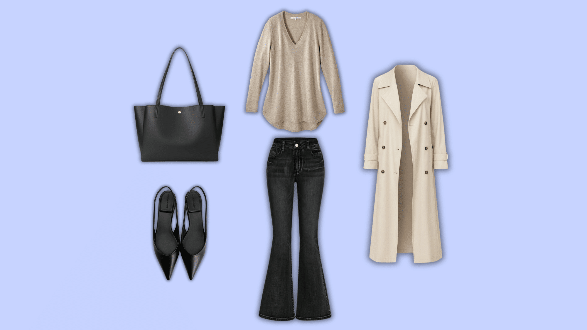 black flare jeans with cardigan flats bag
