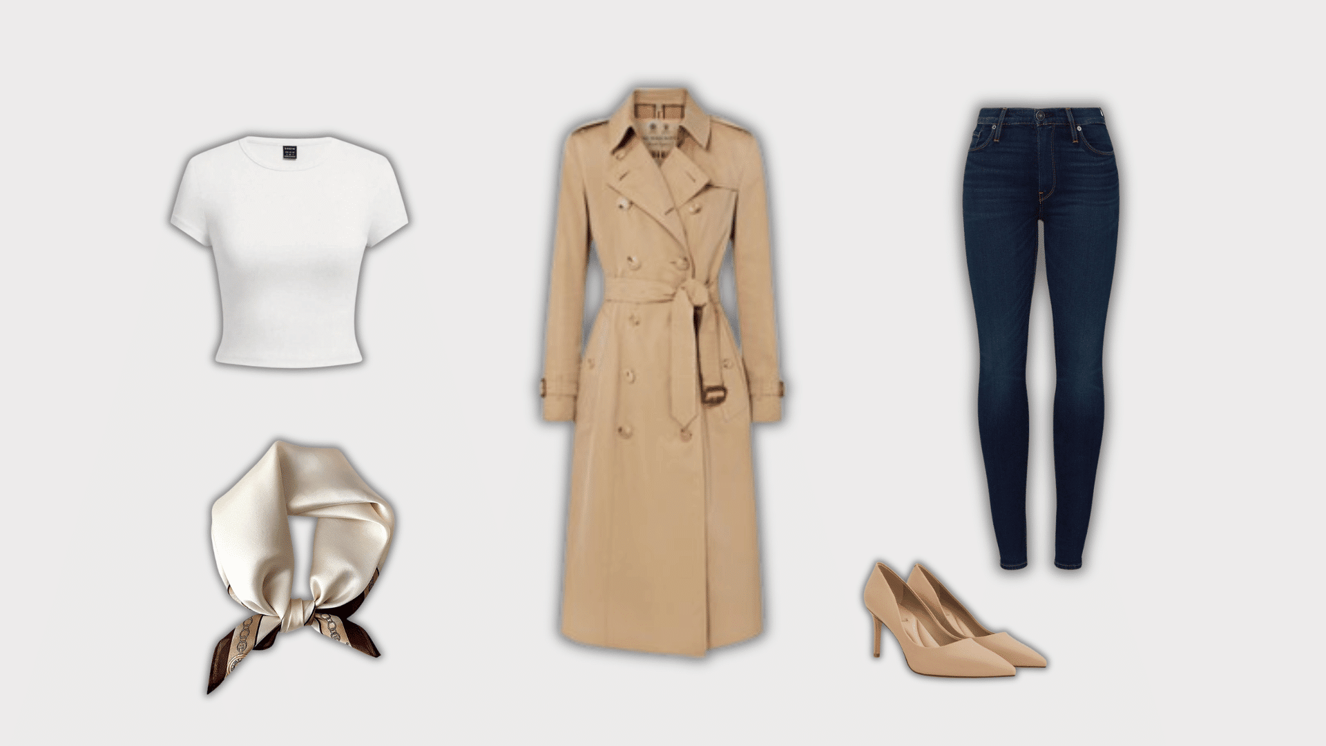 beige trench coat with white top jeans heels and silk scarf