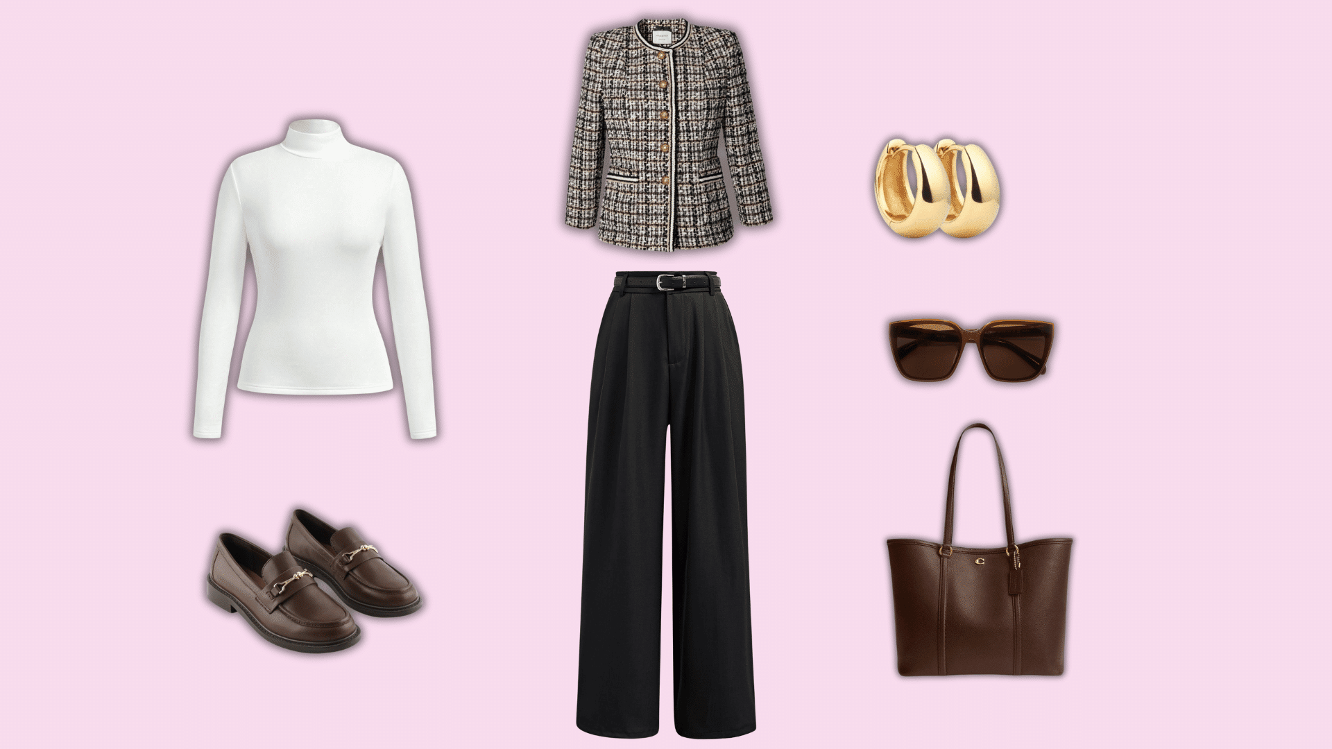 white turtleneck with tweed jacket black trousers loafers and brown tote bag