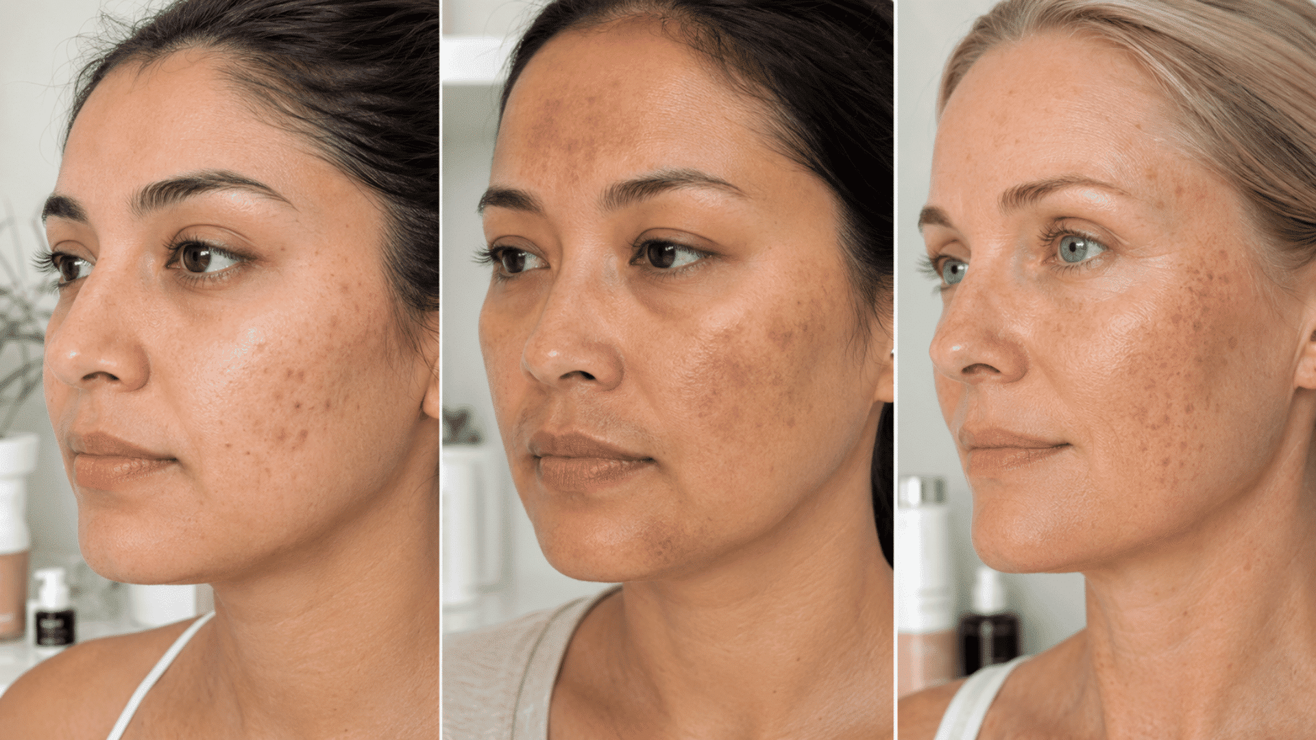 three women showing different types of hyperpigmentation with realistic skincare close-up portraits