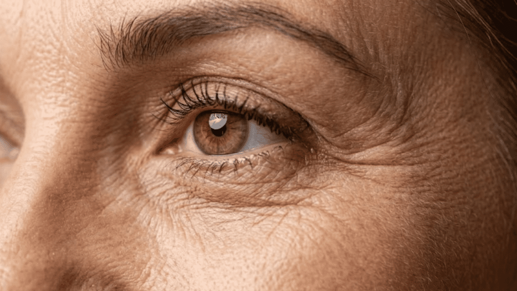 close-up of a mature woman's eye showing fine lines and wrinkles beneath and around the delicate eye area