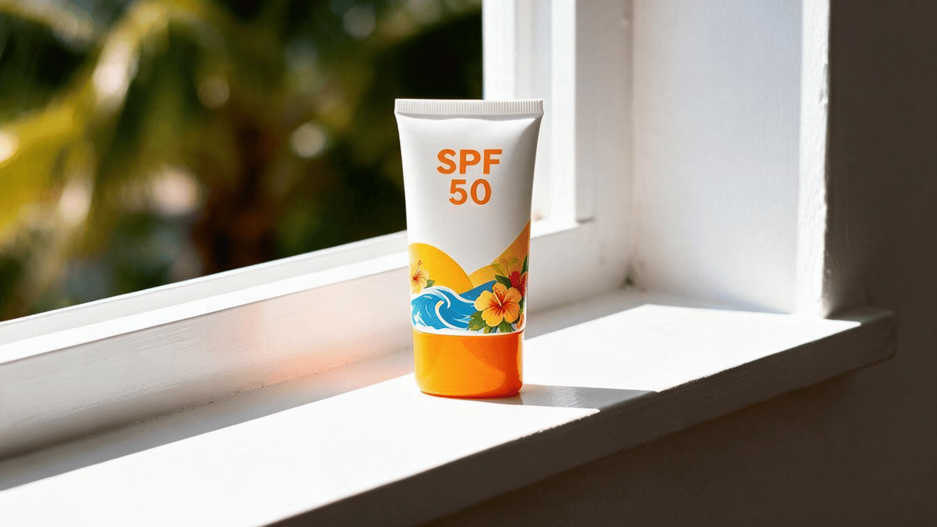 sunscreen bottle with spf 50 placed on a bright windowsill in warm natural sunlight