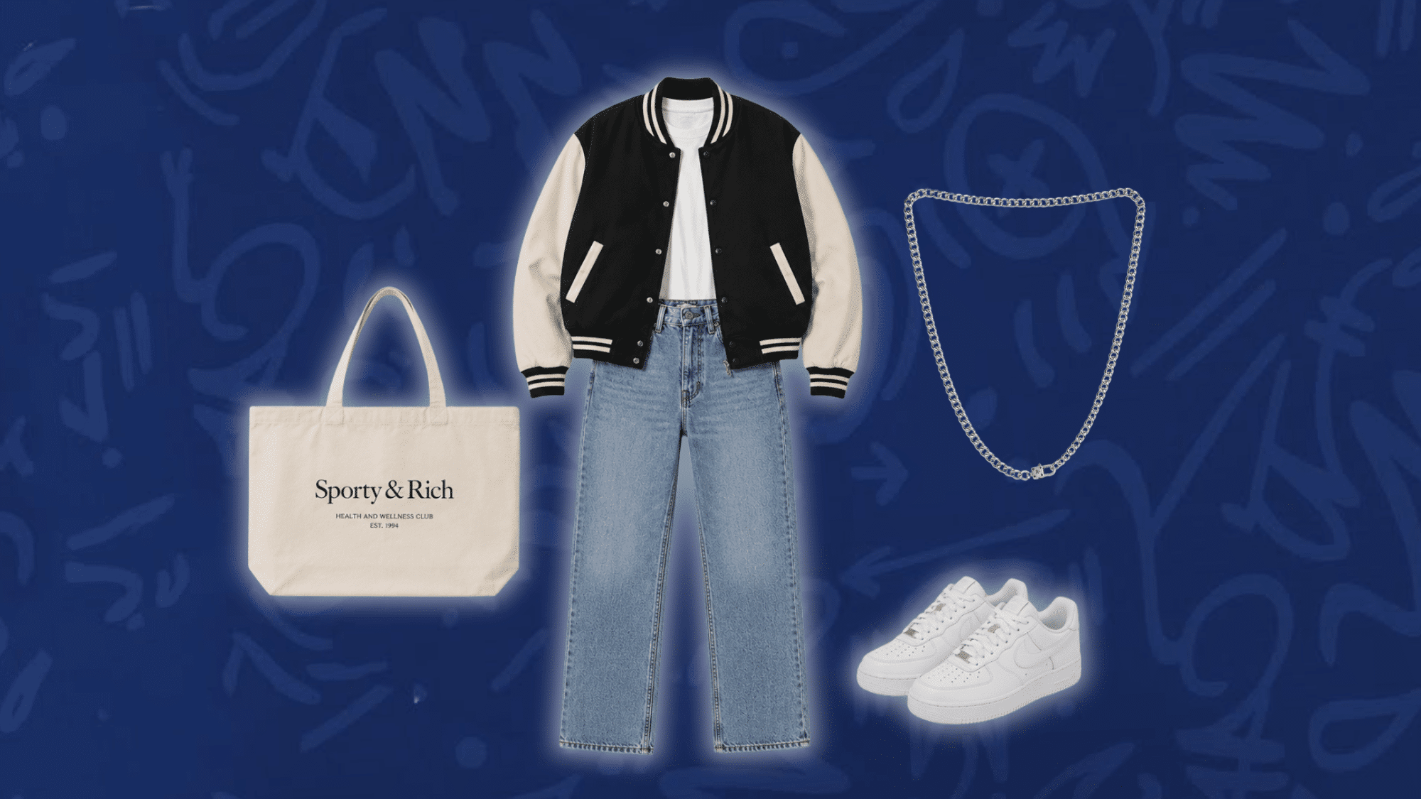 black varsity jacket with light wash straight leg jeans white sneakers canvas tote and silver chain necklace for a sporty casual outfit