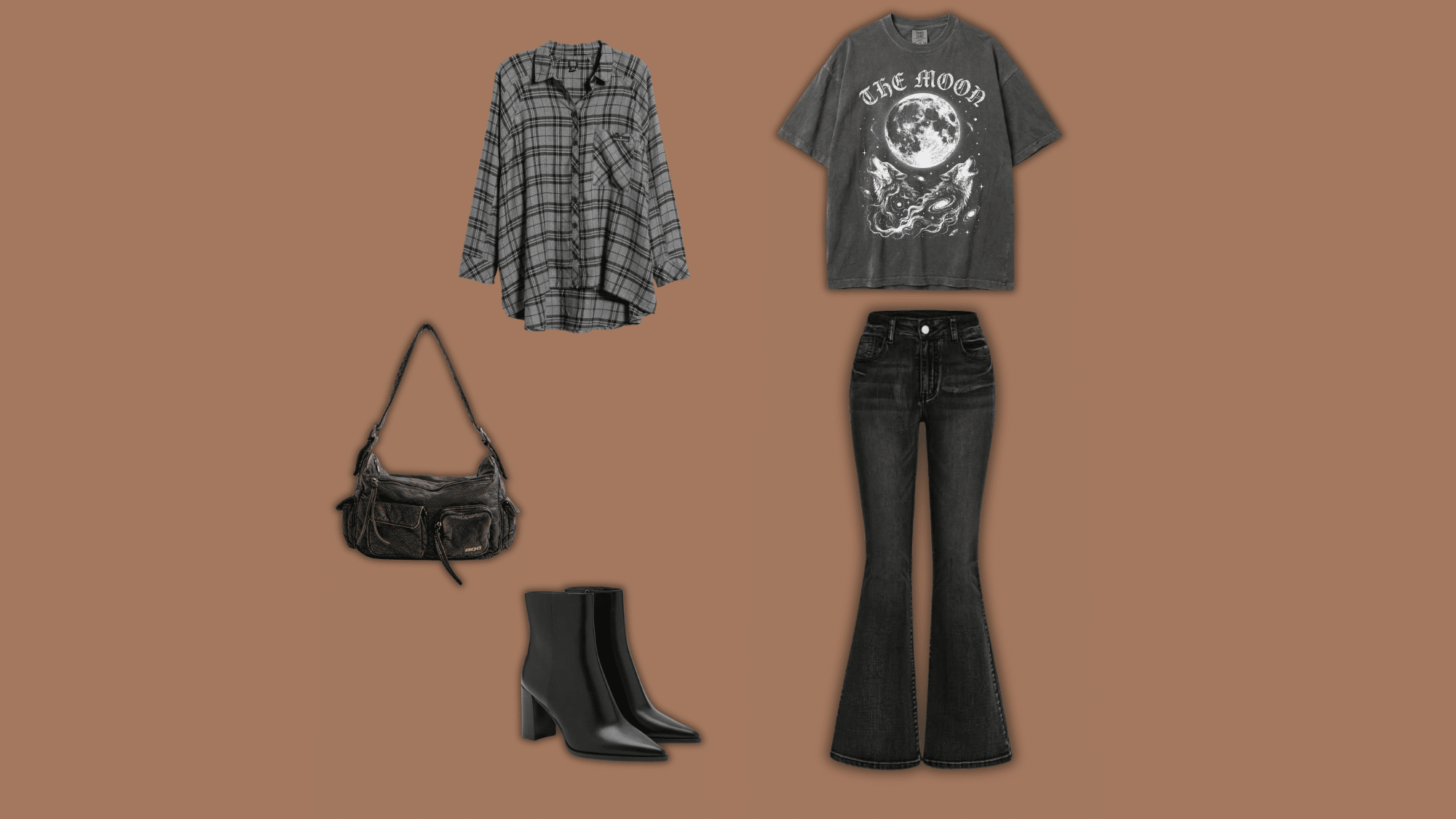 black flare jeans with graphic tee and flannel