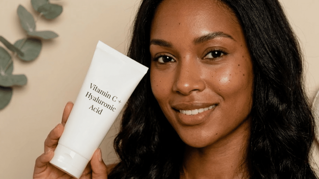 woman holding a skincare product labeled Vitamin C + Hyaluronic Acid beside her face