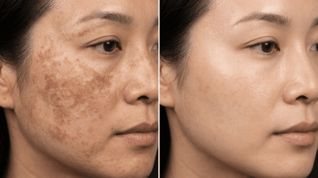 before and after view showing reduced hyperpigmentation and smoother looking skin tone after skincare use