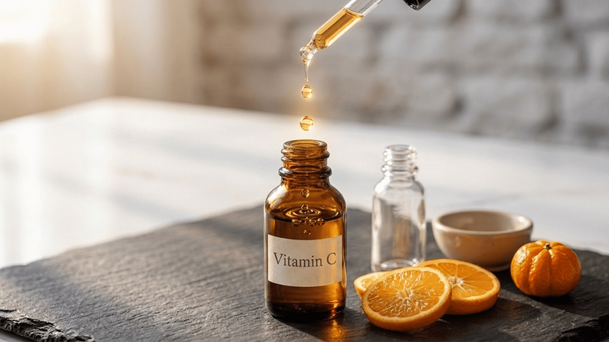 vitamin c serum bottle beside fresh orange slices
