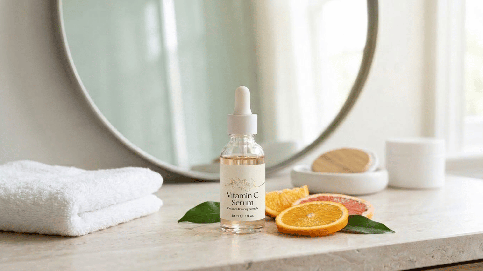 vitamin c serum skincare setup with citrus slices