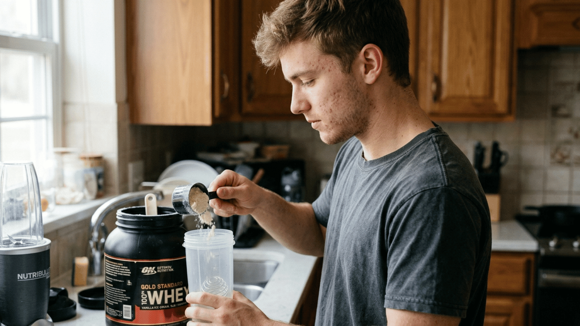 young man with visible facial acne scooping whey protein powder into a shaker bottle in a home kitchen